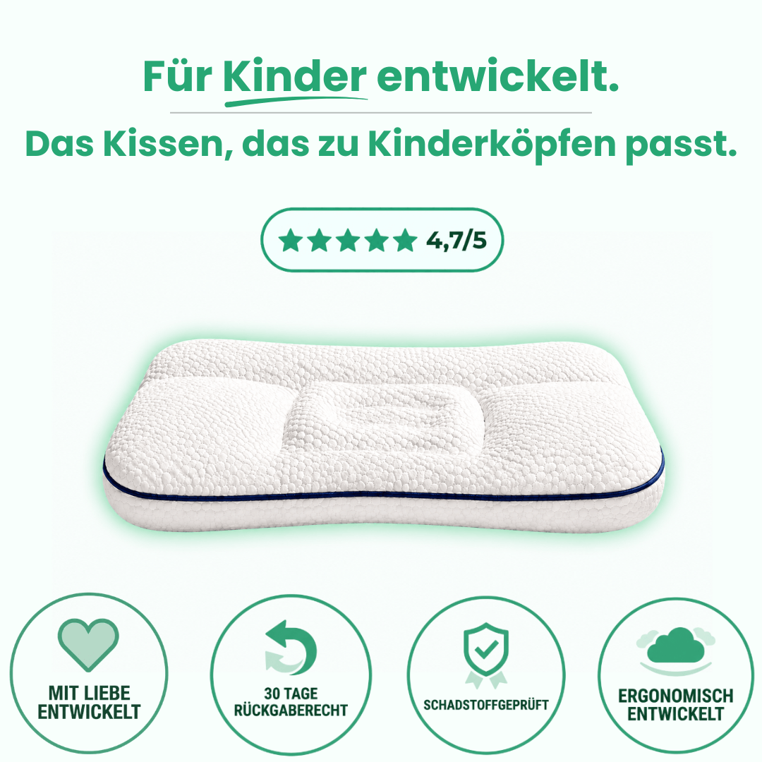 LumaFix ergonomisches Kinderkissen, weiß mit dunkelblauem Rand, Produktfoto