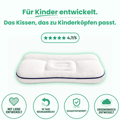 LumaFix ergonomisches Kinderkissen, weiß mit dunkelblauem Rand, Produktfoto