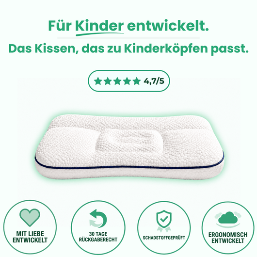 LumaFix ergonomisches Kinderkissen, weiß mit dunkelblauem Rand, Produktfoto