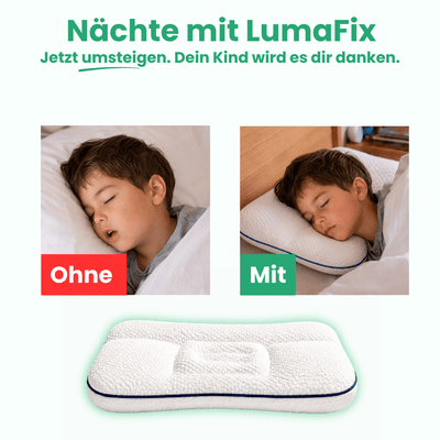 Junge schläft ohne LumaFix mit offenem Mund im Vergleich zu ruhigem Schlaf mit geschlossenem Mund mit LumaFix Kissen