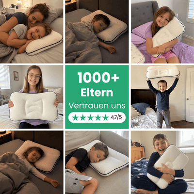 Collage zufriedener Kinder mit LumaFix Kinderkissen, über 1000 Eltern vertrauen LumaFix